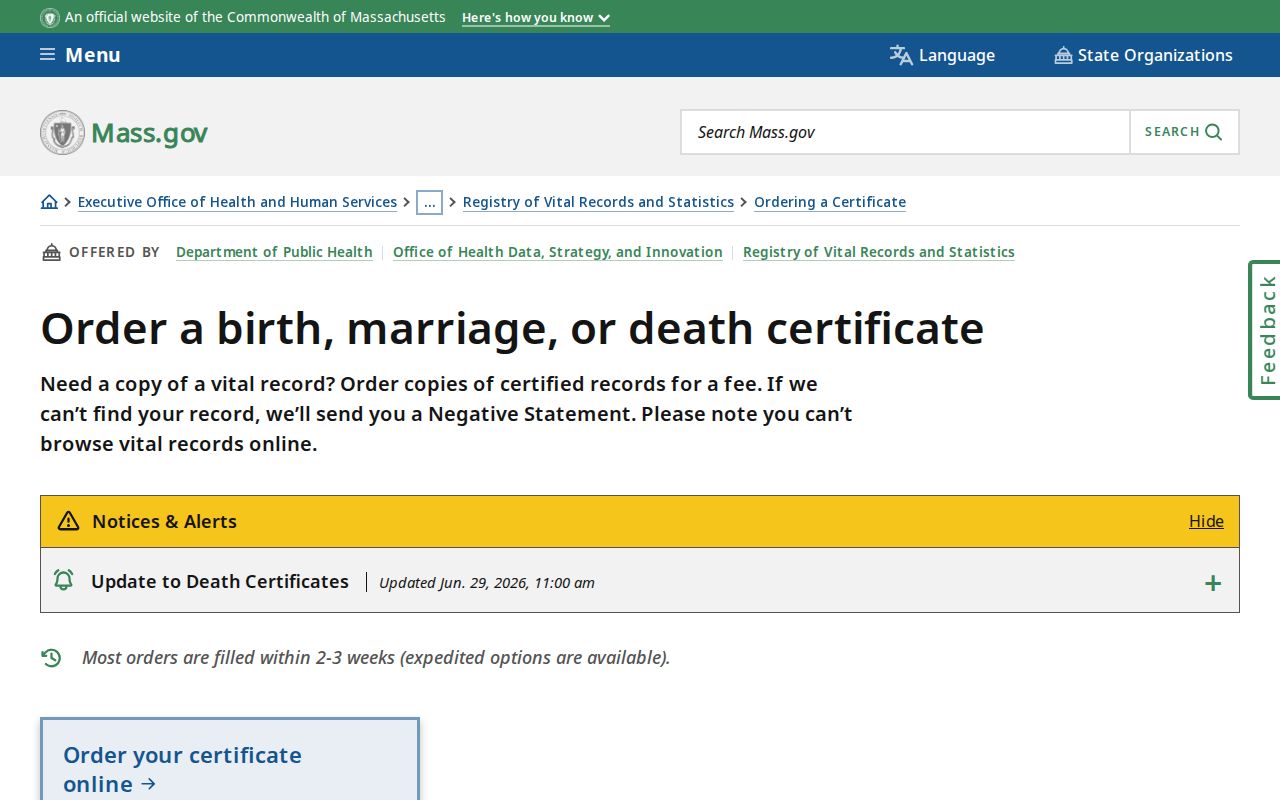 Wakefield resident lookup Massachusetts vital-record order information